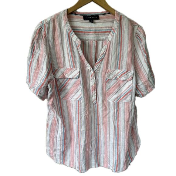 Tommy Hilfiger Women's Linen Blend Stripe V Neck Quarter Button Blouse XL - Picture 1 of 5